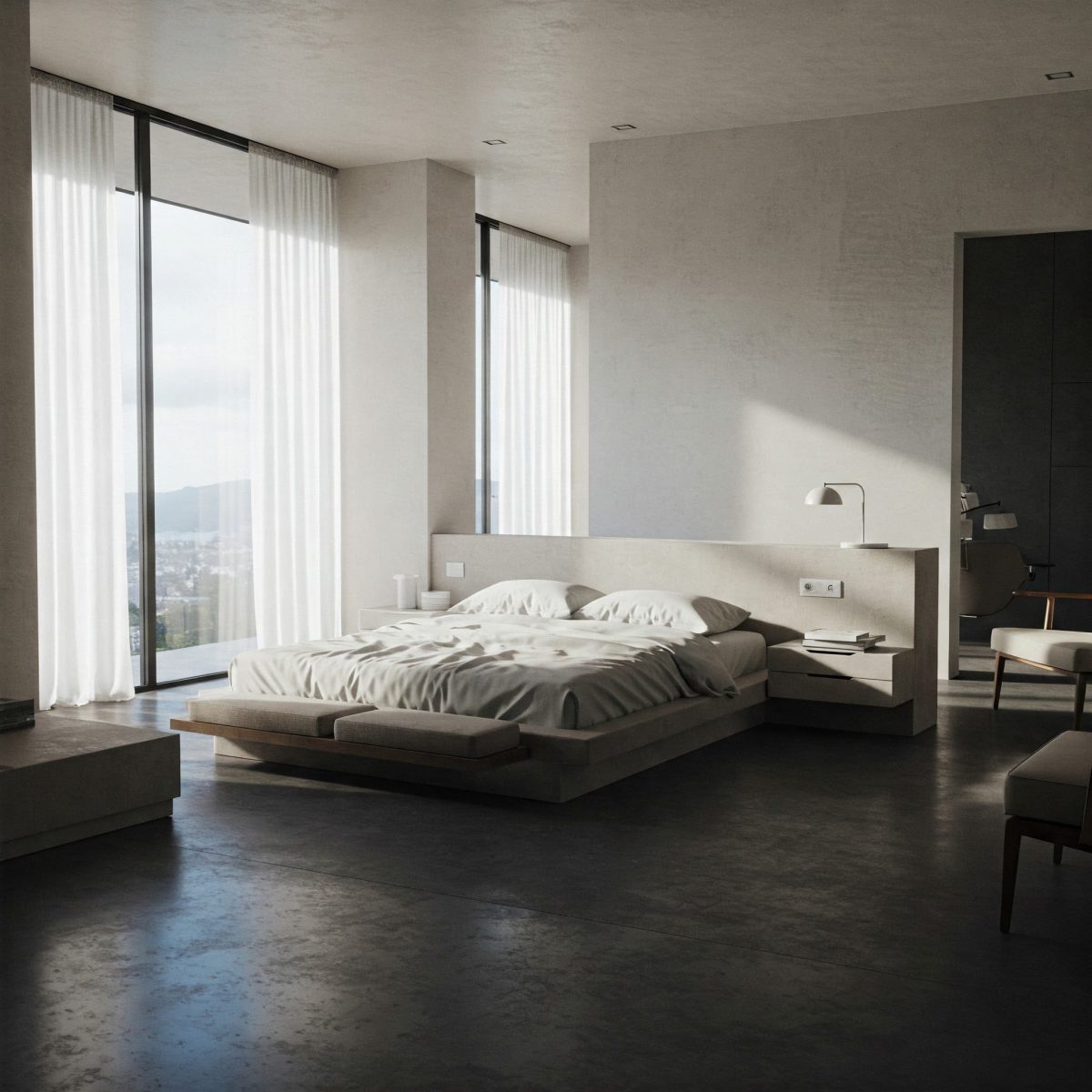 Interior design photograph of a luxury minimalist bedroom. Features a king-size platform bed dressed in immaculate white bedsheets. Floor-to-ceiling windows reveal a soft, diffused daylight. Polished concrete or light wood flooring. Minimal furniture includes integrated bedside shelves and perhaps a single designer chair in a corner. A muted color scheme of white, beige, and charcoal grey. Emphasis on negative space, architectural simplicity, and high-quality materials. Ultra-realistic