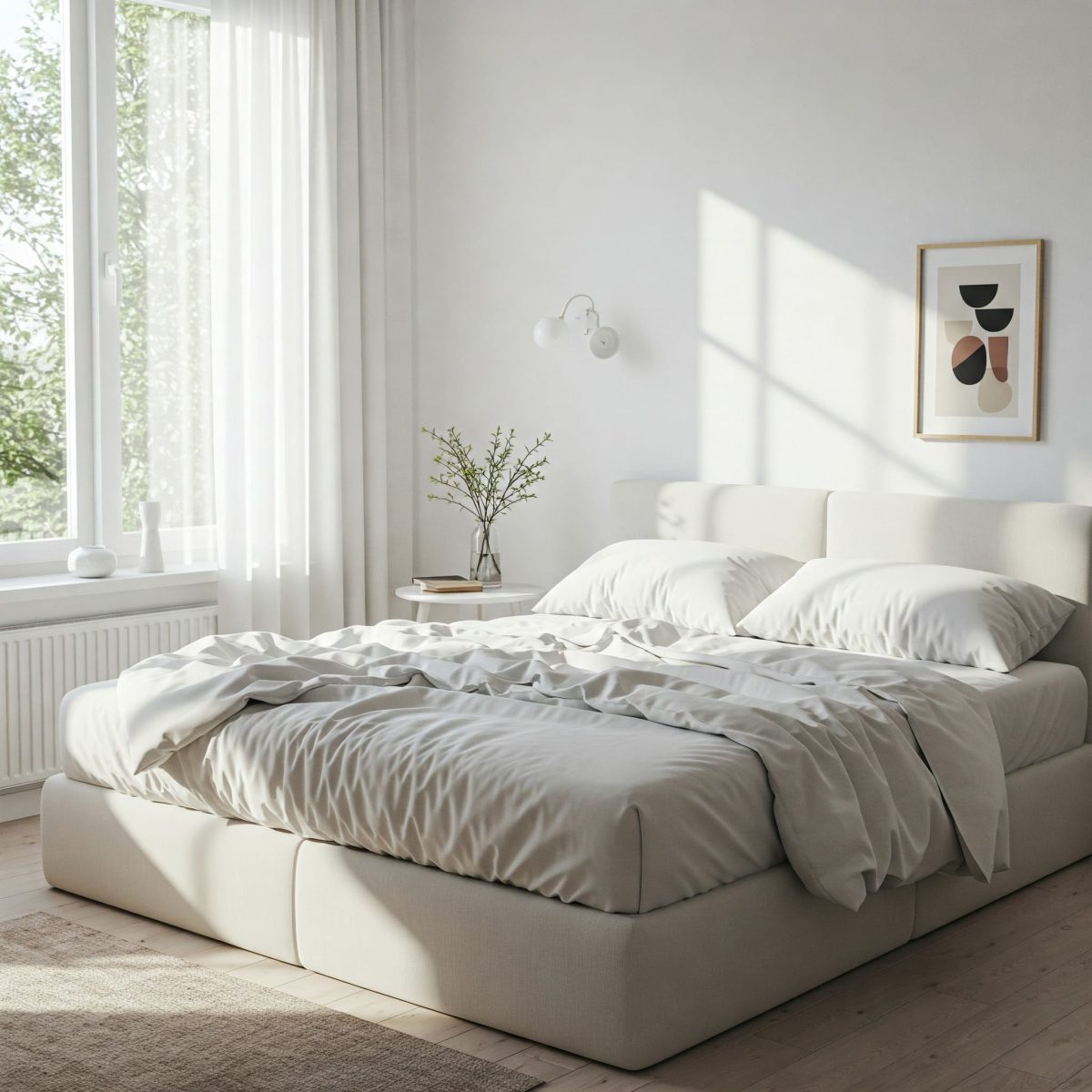 dormitor minimalist cu un pat dubly in mijloc si cu o lenjerie de bumbac alba, de calitate inalta.