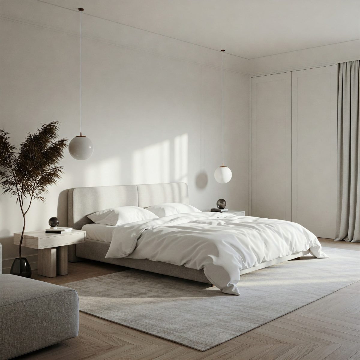 Imagine fotorealistă a unui dormitor minimalist de lux. Design curat și estetic, cu un pat central cu lenjerie albă impecabilă. Lumină naturală abundentă și paletă de culori neutră, creând o atmosferă sofisticată și relaxantă.